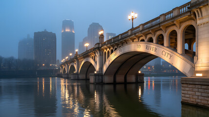 Fototapeta premium A serene cityscape at dusk featuring a historic bridge over a calm river with a stunning skyline in the background.