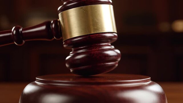 Wooden Gavel with Brass Band Poised Above Sound Block on a Dark Table