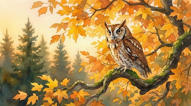 Screech owl perched on maple branch with golden autumn leaves in forest setting. Seasonal wildlife nature scene for fall decorating and outdoor themes.
