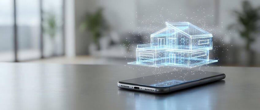 Smart home technology concept with holographic house model projected from smartphone on modern interior background for real estate apps.