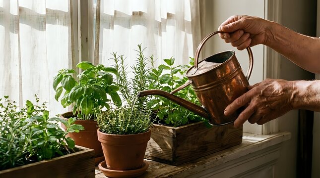 Senior hands watering fresh herbs in terracotta pots on sunny windowsill. Indoor gardening, sustainable living, homegrown cooking ingredients concept.