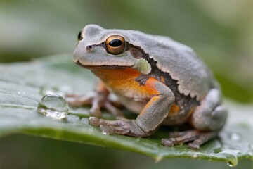 Fototapeta premium A gray tree frog with orange markings perched on a dew-covered leaf in a natural setting