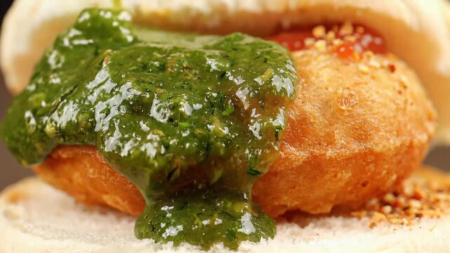 Close-up of Vada Pav with Green Chutney Poured Over a Crispy Deep-Fried Potato Patty