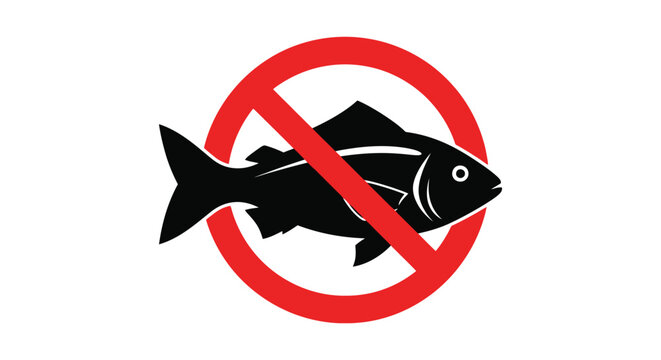 No fish allowed vector graphic illustration depicting a forbidden sign for fishing or consumption