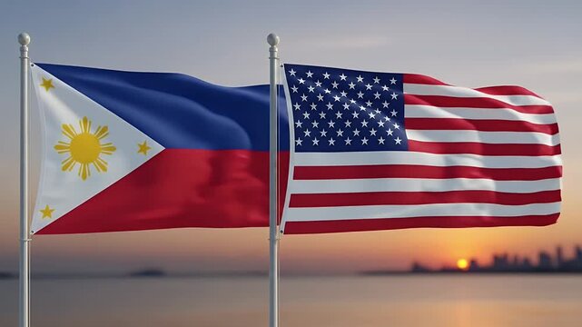 usa and philippines flags at sunset over harbor with skyline