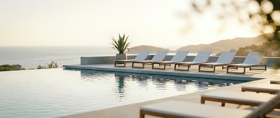 Fototapeta premium Luxury infinity pool with wooden lounge chairs overlooking ocean at sunset, resort vacation destination for relaxation and leisure travel.