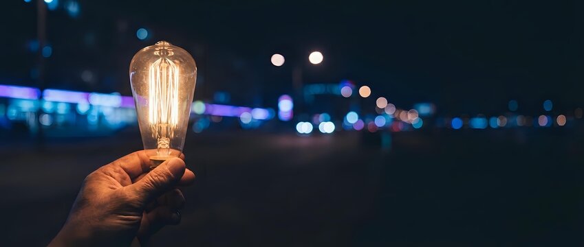Hand holding vintage Edison bulb against blurred city lights at night creating warm glow and bokeh effect for creative inspiration concepts.
