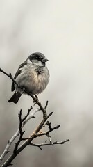 Obraz premium Small sparrow bird perched on bare winter branch against soft blurred background in natural wildlife habitat during cold season.