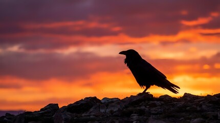Obraz premium Black raven silhouette perched on rocky surface against dramatic orange and purple sunset sky. Wildlife photography for nature themes and gothic designs.