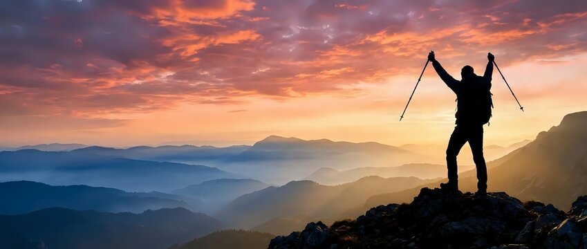 Triumphant hiker silhouette celebrating on mountain peak at sunrise with trekking poles raised against dramatic orange purple sky and layered mountain ranges.