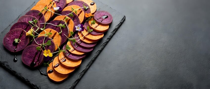 Colorful roasted vegetable medley with purple potatoes, sweet potatoes and carrots arranged on dark slate board for healthy cooking and meal preparation.