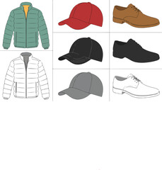 men's fashion apparel vector set featuring winter puffer jackets baseball caps and formal leather shoes, © Md