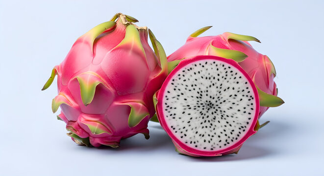 Fresh ripe dragon fruit isolated on white background, exotic tropical red pitaya with pink skin and healthy seeds, organic sweet pitahaya nutrition for a raw diet