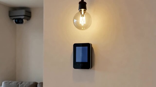 A collage of two close-up photographs, one of a security camera and the other of an illuminated light bulb next to a thermostat on a beige wall
