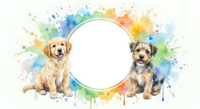 Two adorable puppies sitting beside blank white circle frame with vibrant watercolor paint splashes in rainbow colors on white background.