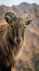 Obraz premium Wild mountain goat portrait with curved horns against blurred rocky landscape background in natural habitat during golden hour lighting for wildlife photography.
