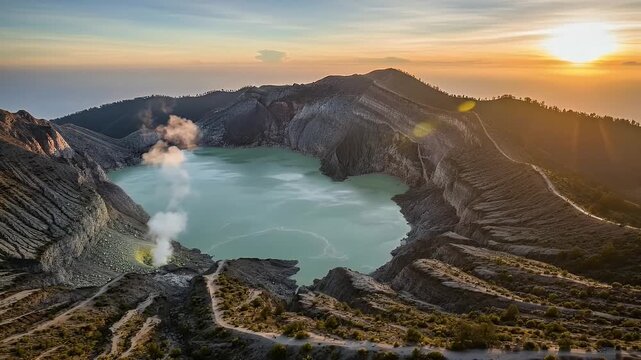 Volcanic crater lake at sunrise with steam and rugged caldera walls