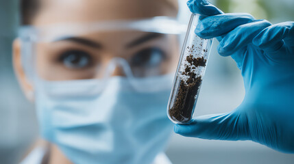 A focused scientist examines soil samples in a test tube, showcasing dedication to environmental research and laboratory procedures.