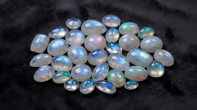 Collection of natural rainbow moonstone gemstones with blue flash adularescence effect on dark fabric background for jewelry making and lapidary work.