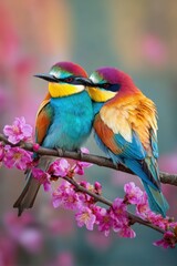 Obraz premium Romantic love theme for Valentines Day. Two vibrant European beeeater birds perched atop a branch adorned with delicate pink blossoms. The birds feathers are a mix of blues, purples.