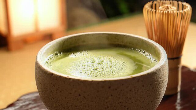 Close-up of a ceramic bowl of frothy green matcha tea with a bamboo whisk in a traditional Japanese setting
