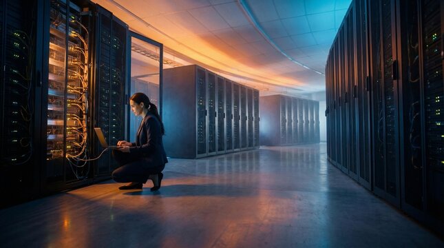 A technician works on server racks in a modern data center with glowing lights, performing maintenance or system checks.