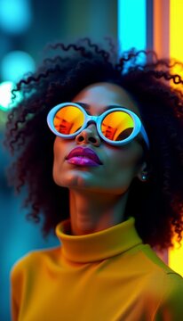 Colorful Portrait of African American Woman with Bolder Purple Lipstick Yellow Reflective Sunglasses and Gold Accessories in a Cinematic Urban Night