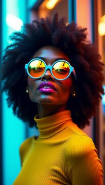 Colorful Portrait of African American Woman with Bolder Purple Lipstick Yellow Reflective Sunglasses and Gold Accessories in a Cinematic Urban Night