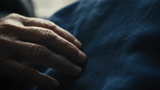 Close-up of an elderly person's wrinkled hand resting on dark blue fabric, highlighting skin texture.