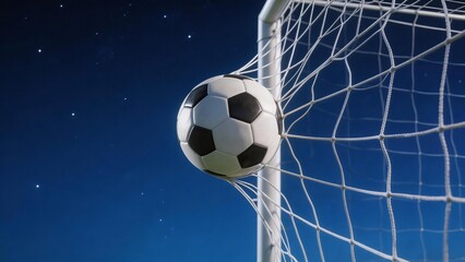 Soccer ball in goal net against night sky