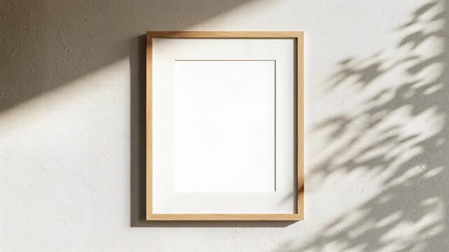 Blank wooden picture frame hanging on a textured concrete wall with natural sunlight and leaf shadows.