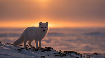 Fototapeta premium Arctic fox standing on rocky terrain during golden hour sunset with warm orange sky and blurred background for wildlife photography projects.