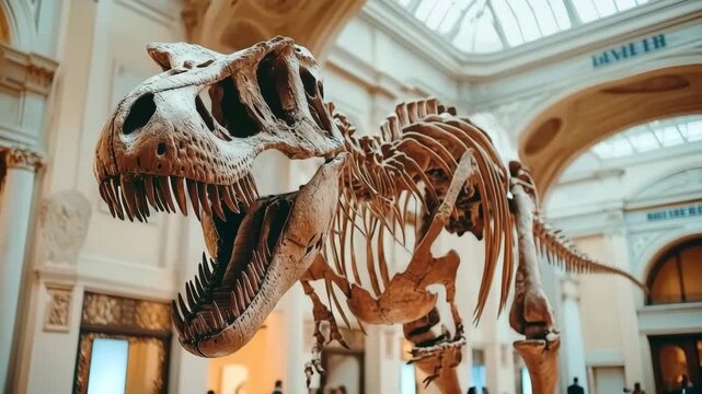 Massive Tyrannosaurus rex skeleton exhibited in natural history museum with visitors observing prehistoric dinosaur fossil in grand exhibition hall.