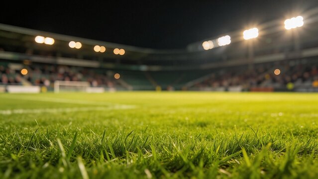 Nighttime soccer field with illuminated stands