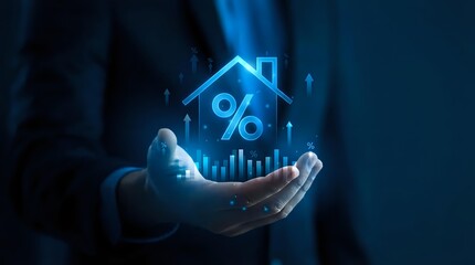 Plakat Businessman hand presenting glowing house icon with percentage symbol and upward chart arrows representing mortgage rates and real estate market growth.