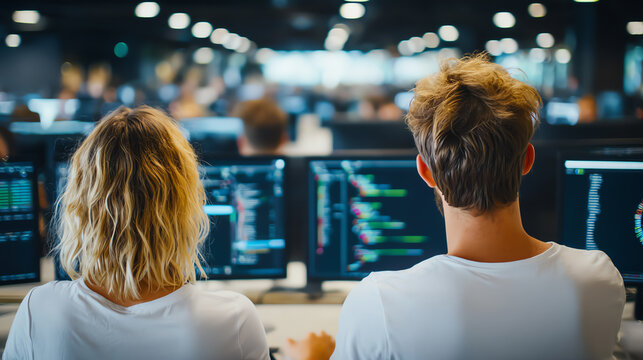 Two programmers working at computers in a modern office, focusing on coding and software development in a collaborative environment.