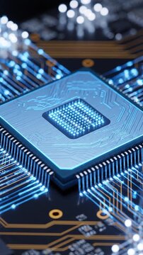 A close-up of a glowing blue microchip on a circuit board