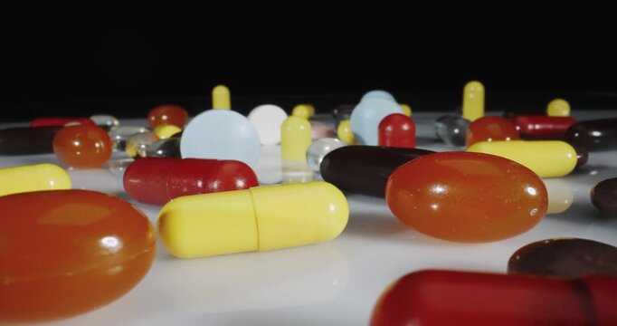 Different types of pills and capsules spread on white table, probe lens macro shot