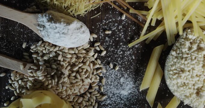 Cinematic scene composition of traditional arranged Italian pasta cuisine products