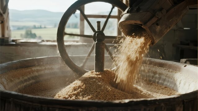 Grain being poured into a millstone in a traditional grinding setup with a wooden wheel and rural landscape in the background
