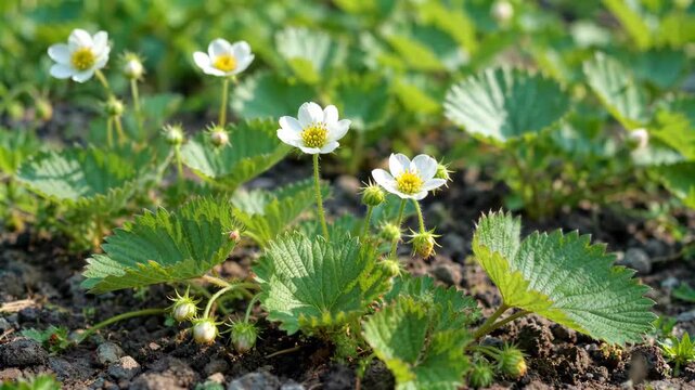 Close-up of strawberry plants and flowers, the fresh bloom of strawberry fields