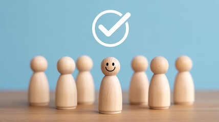 Smiling wooden figure stands out from crowd with approval checkmark © MuhammadKaifKhan