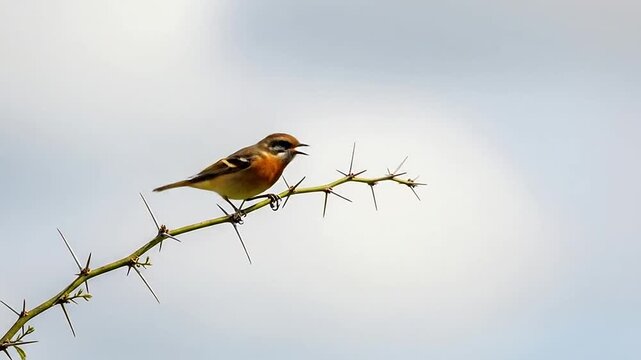 Small European Stonechat bird perched attentively on a thorny branch, observing its surroundings against a bright, soft sky.