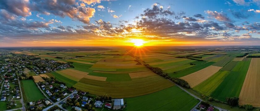 Sky's Golden Embrace over Fields: A stunning aerial view showcases a vibrant sunset over patchwork fields, where nature's beauty converges.