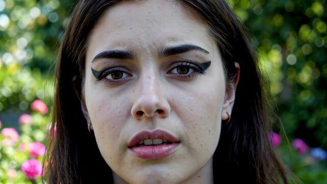 Close-up of an outdoor woman, close-up of a young woman's face and mood changes