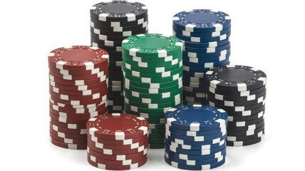 Assorted poker chips in various colors stacked on a table