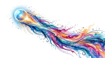 Whimsical celestial watercolor illustration of a cosmic jellyfish emitting vibrant rainbow nebula trails