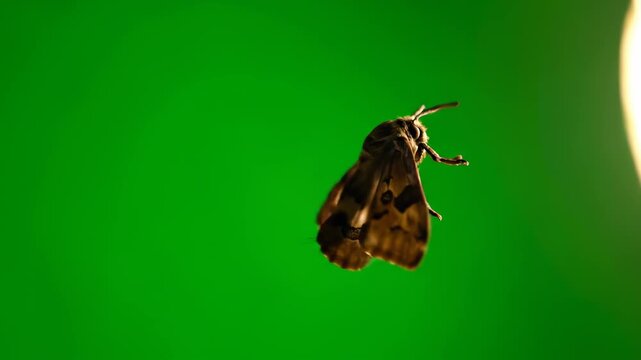 A large, eerie moth fluttering erratically and drawn to a light, isolated on green screen phantom, delicate, alpha channel