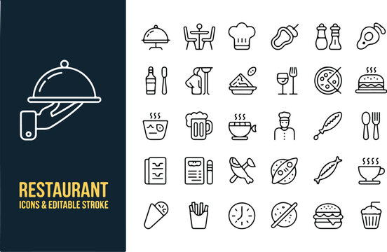Professional restaurant and food icon set featuring editable stroke line art for cafe menu catering dining and hospitality,