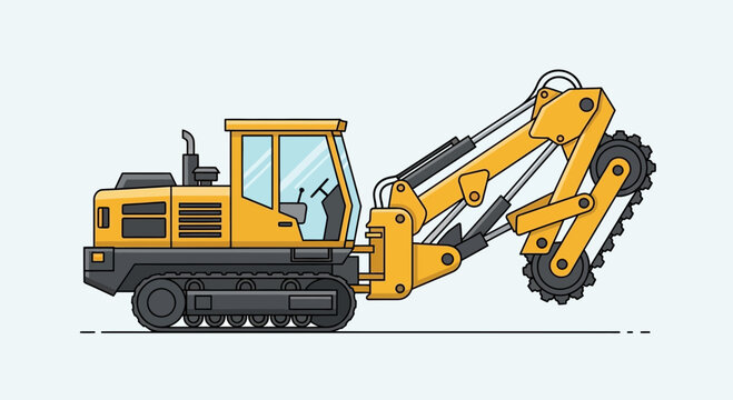 Yellow tracked trencher digging machine illustration
